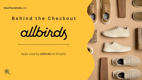 ShopThemeFinder blog banner titled “Behind the Checkout: allbirds,” featuring apps used by allbirds on Shopify alongside a flat lay of allbirds sneakers.