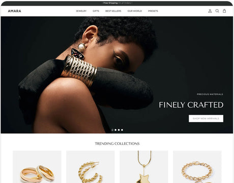 Jewelry website homepage with images of jewelry and a model wearing earrings.